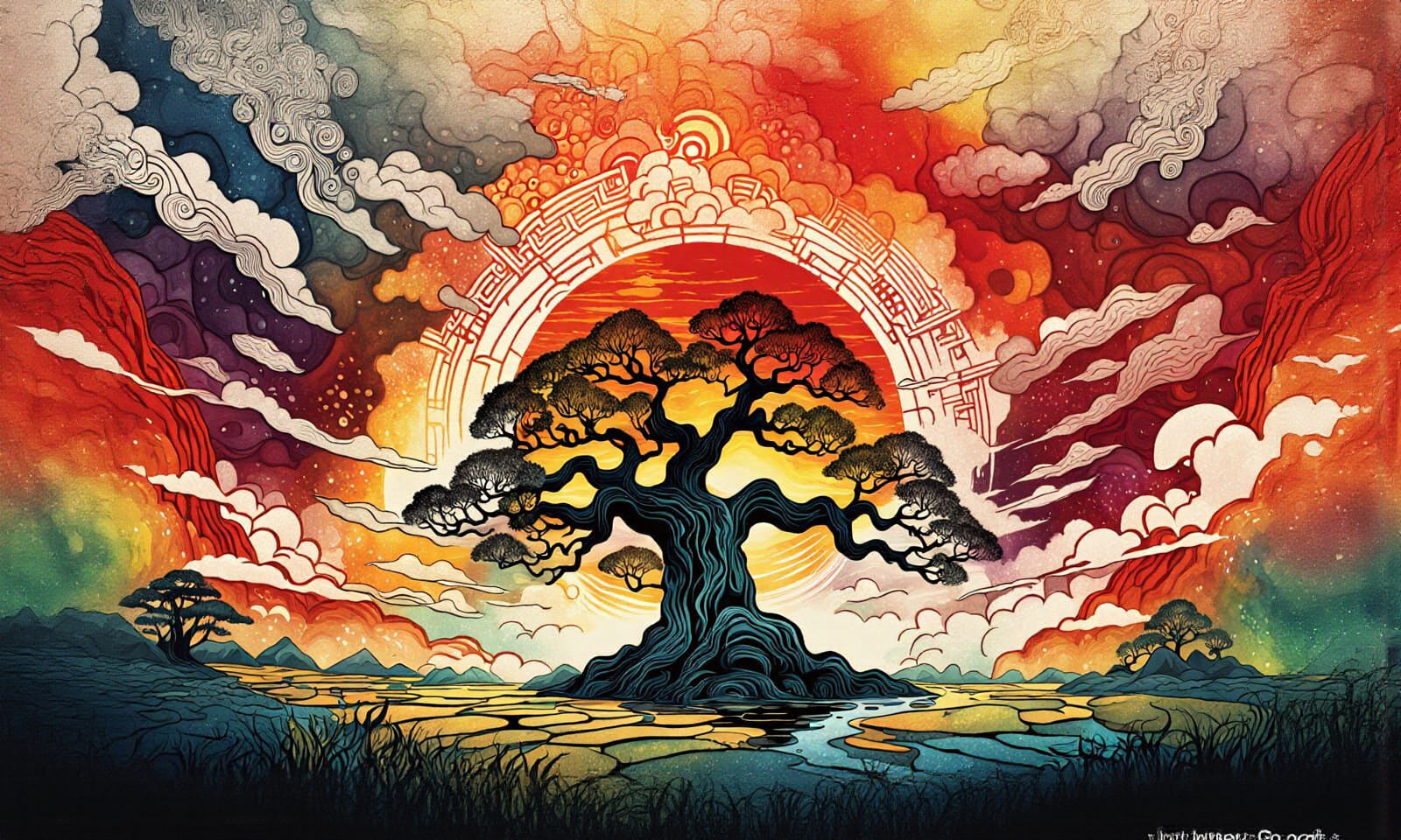 Psychedelic Tree Under a Red Sun, Japanese Ink Painting