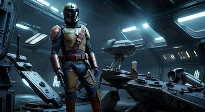 Mandalorian Naboo Fighter and IG-88 Droid in Sci-Fi Garage