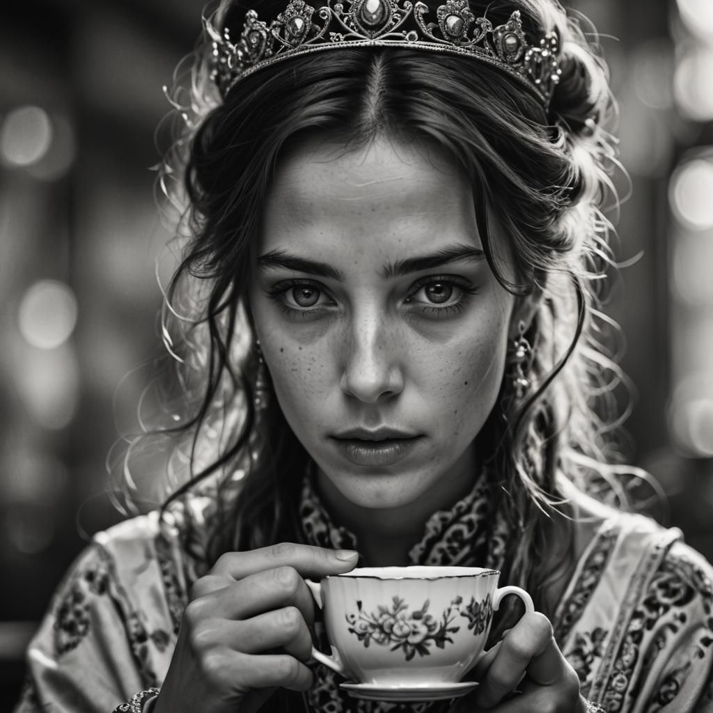 Monochrome Portrait of a Princess Drinking Tea