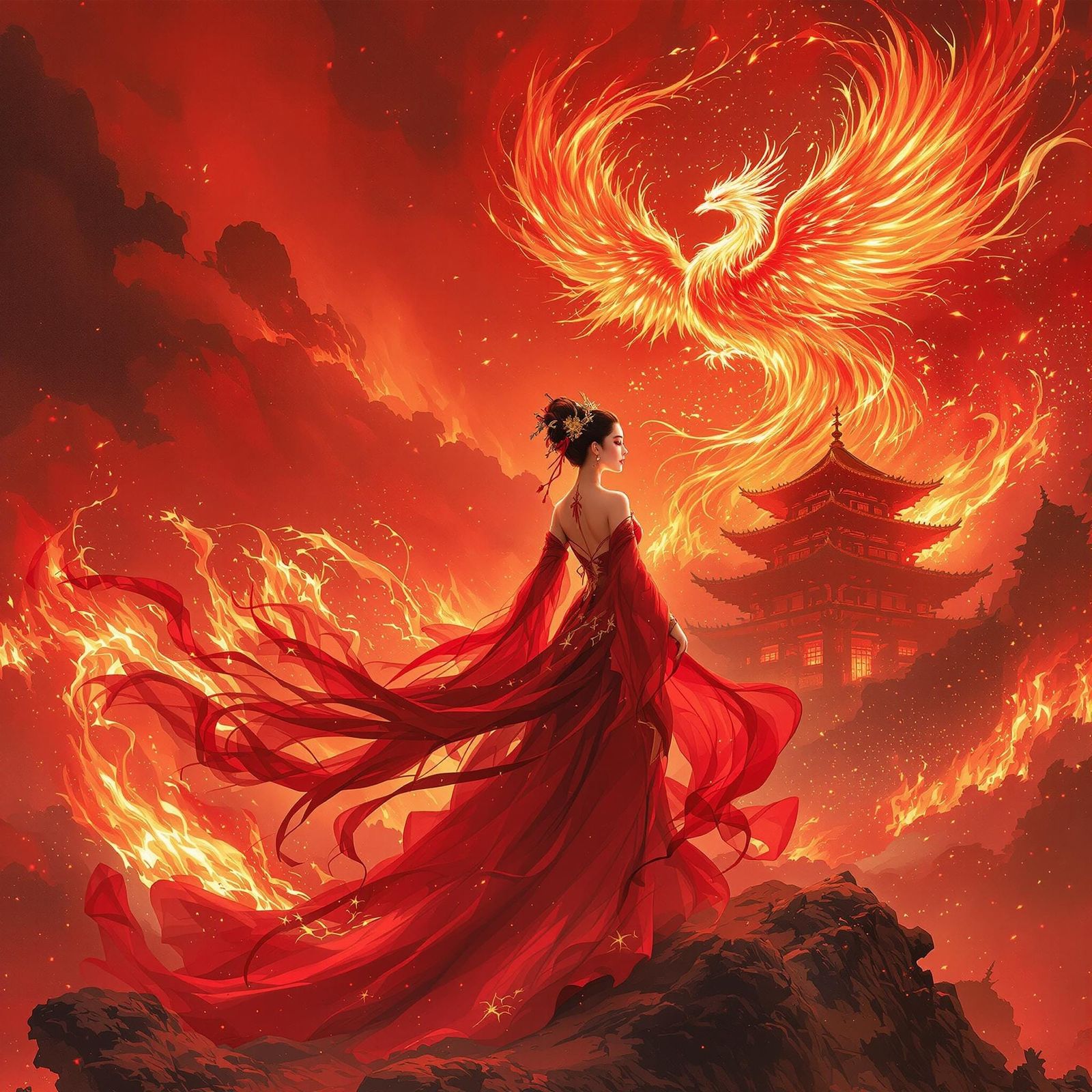 Chinese Goddess with Phoenix Rising from Burning Temple