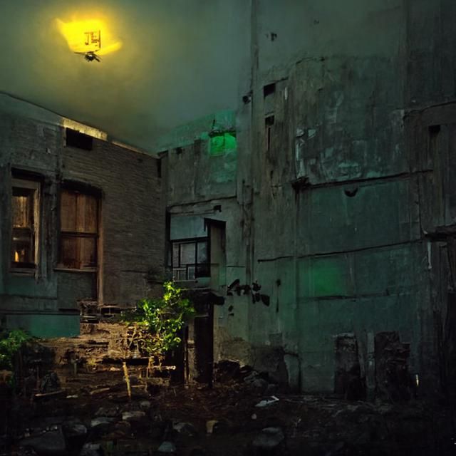 Grungy Apartment Courtyard with Greenish Lighting