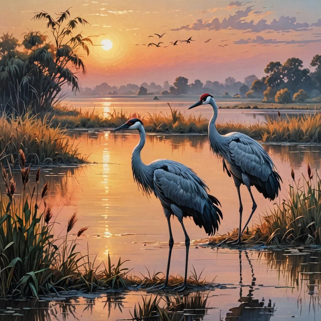 Wild Cranes on a Lake as Impasto Painting