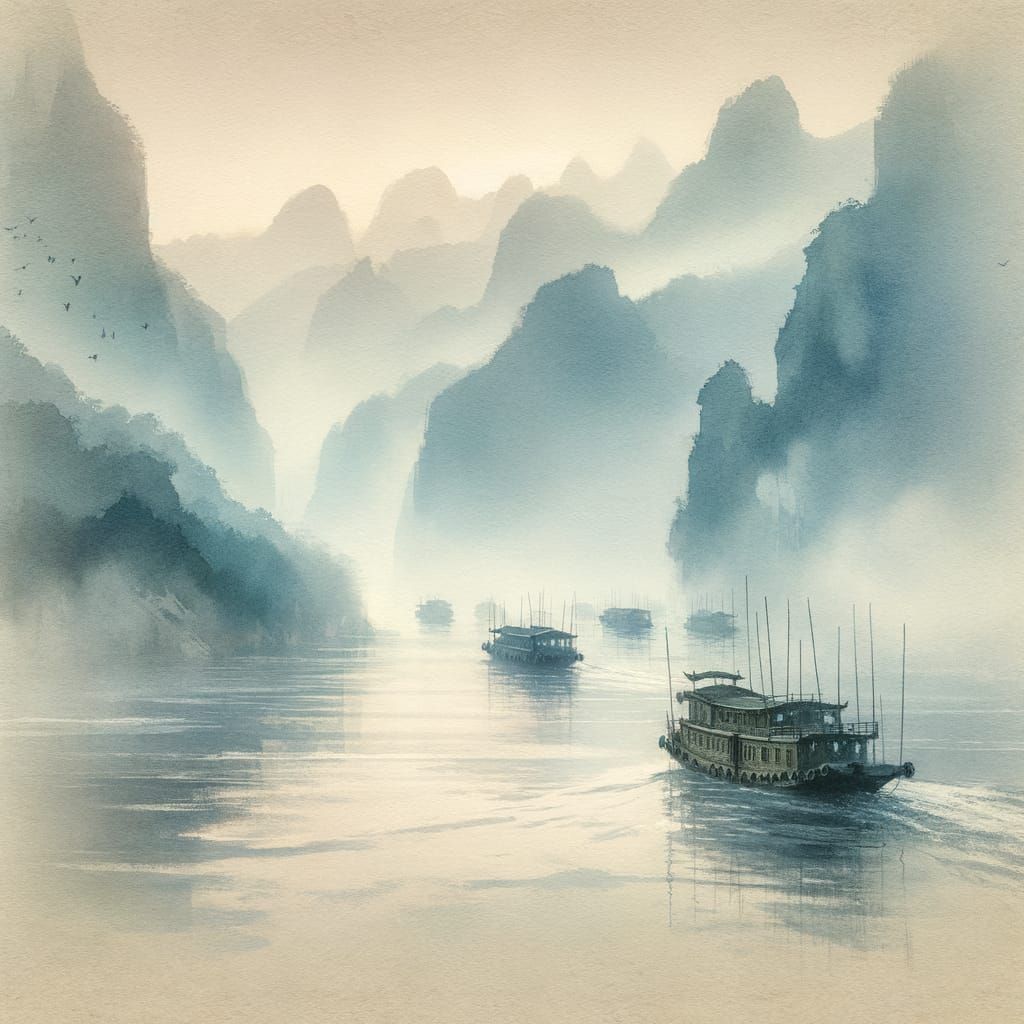 Yangtze River Dawn Serenity with Chinese Junks in Watercolor