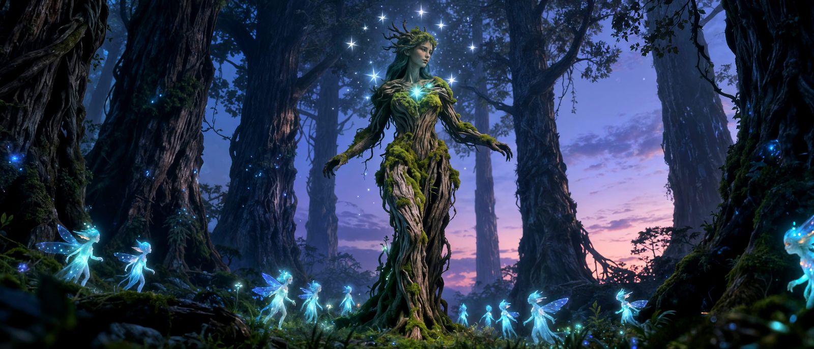 Ancient Forest Goddess Emerges From Moss and Starlight