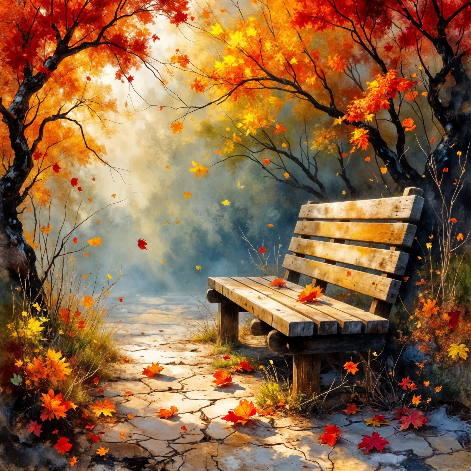Hyperrealistic Autumn Park Scene with Wooden Bench