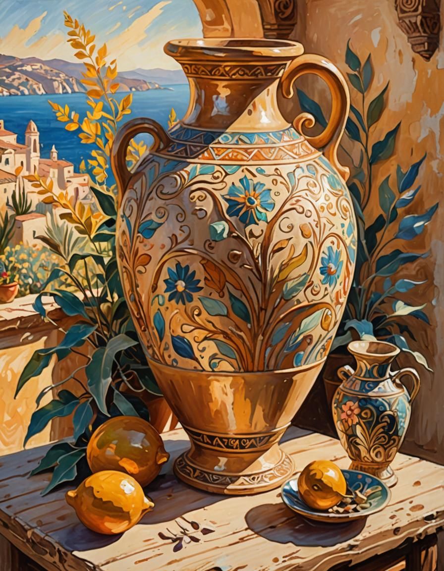 Impressionist Amphora Still Life in Gouache Style