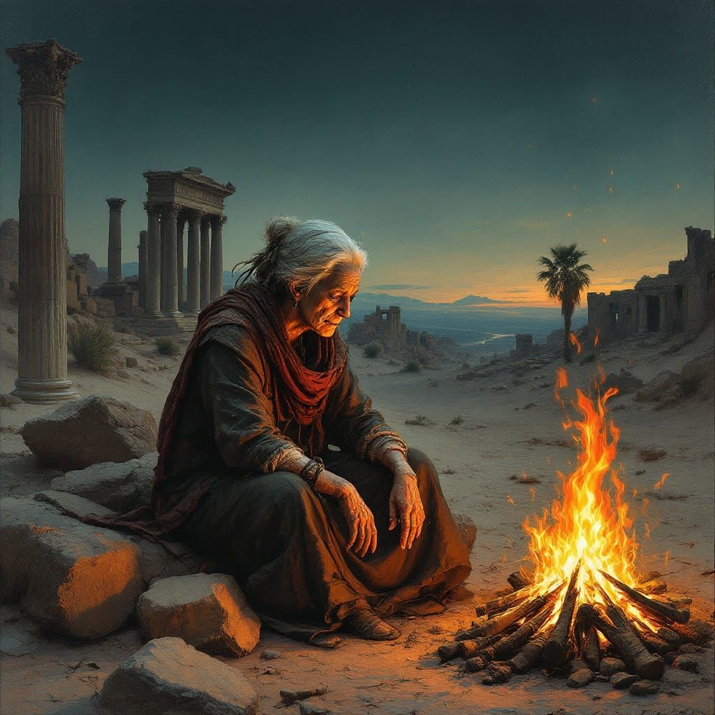 Traveler by Campfire in Post-Apocalyptic Desert