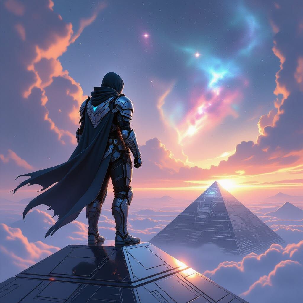 Cyberpunk Warrior Gazing at Nebula in Digital Art Style