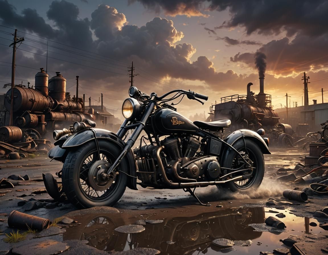 Dieselpunk Motorcycle in Grim 1940s Landscape