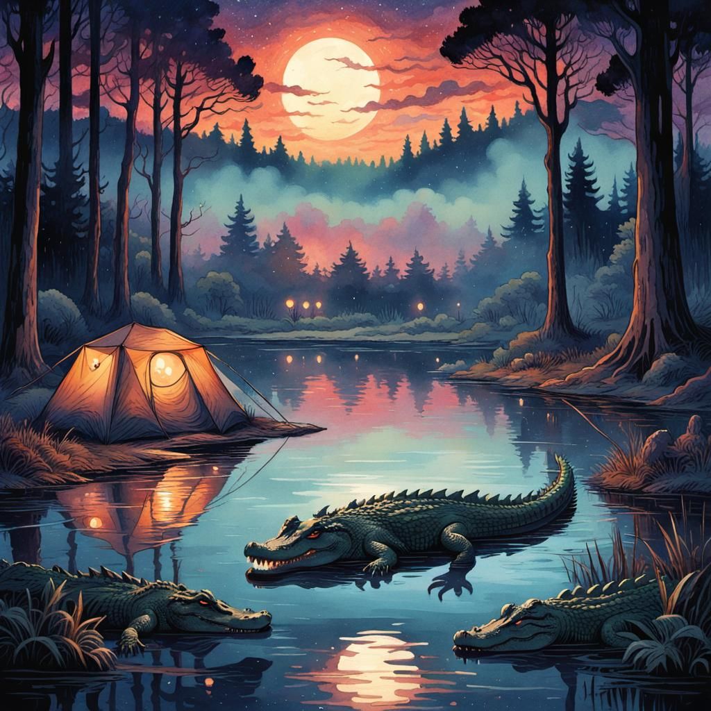 Campsite Crocodiles in Watercolor Horror Style