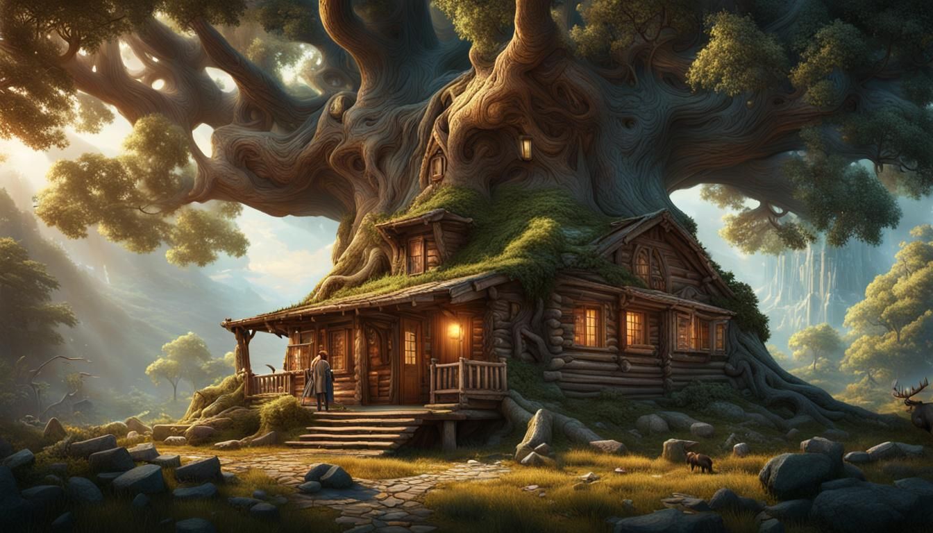 Treehouse Log Cabin with Moose, Digital Matte Painting