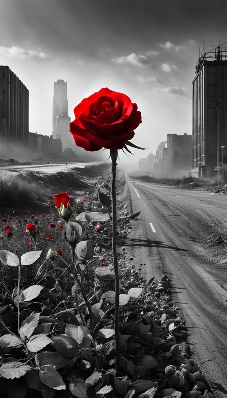 Post-Apocalyptic Cityscape with Red Rose in Grayscale