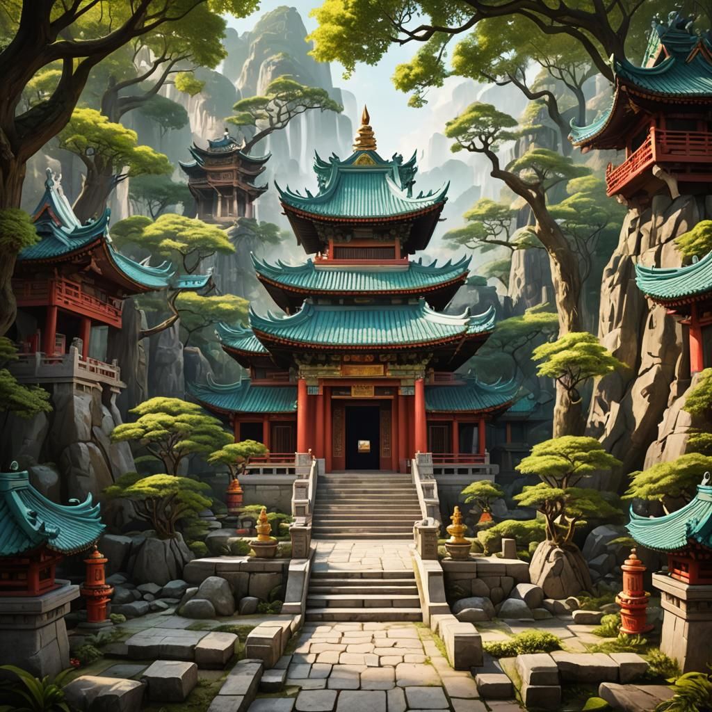 Fantasy Asian Temple Entrance: Community and Wealth