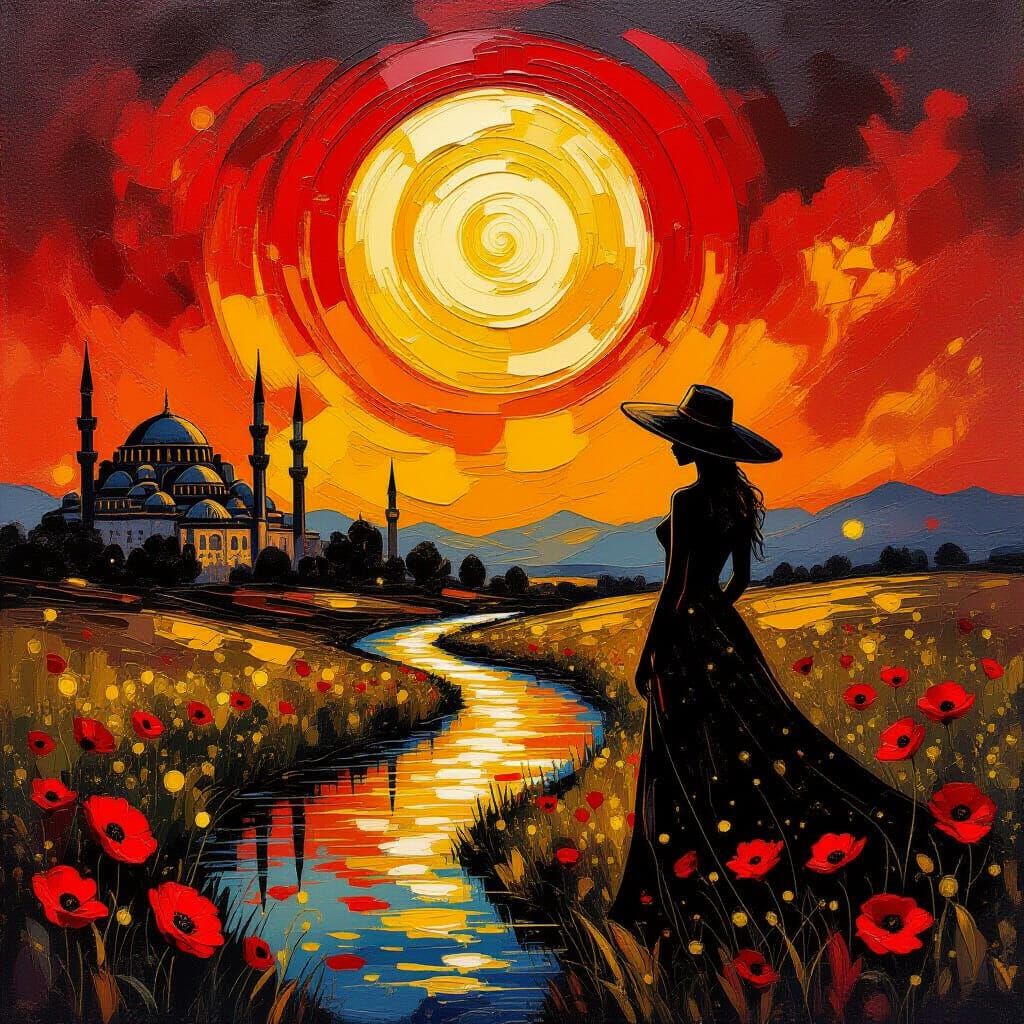 Golden Sun Over Stormy Sky, Van Gogh Style