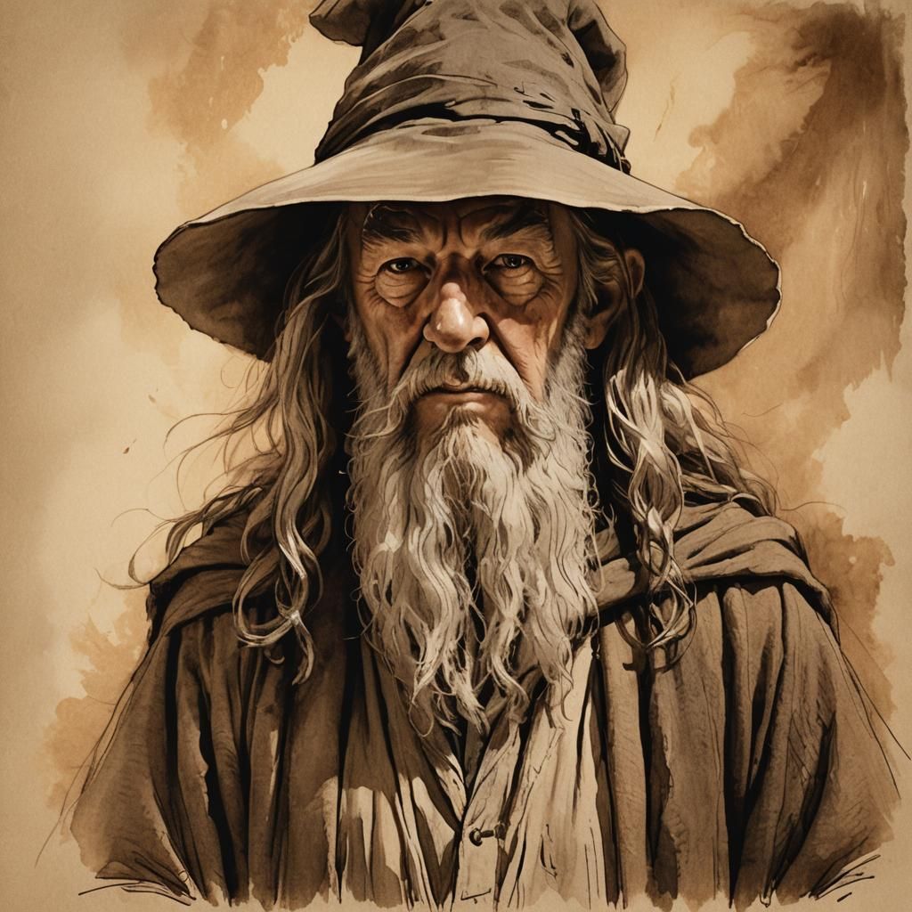 Gandalf Portrait in Sepia Sketch Style