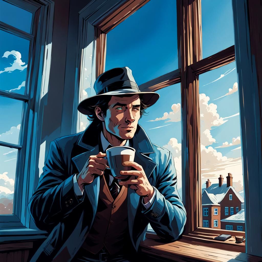 Mysterious Man Drinking Coffee: Comic Book Art