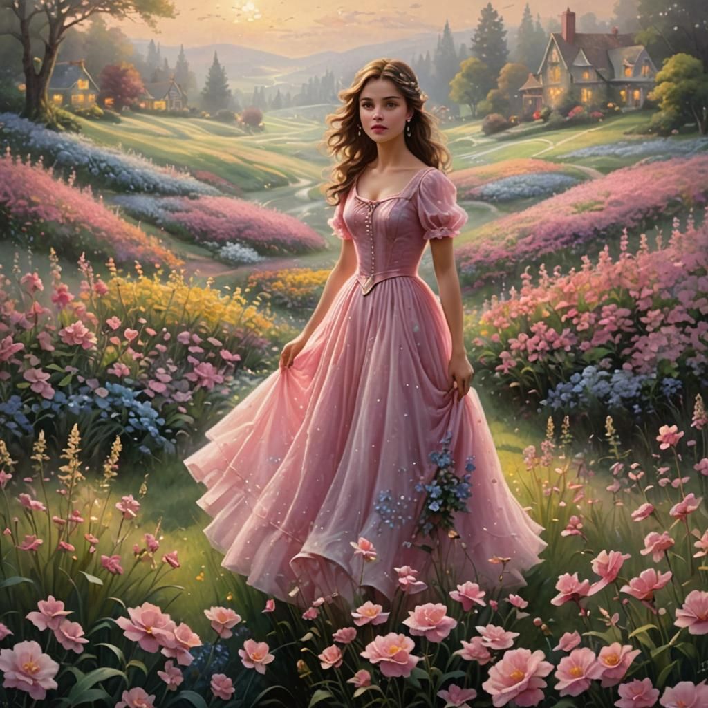 Girl in Pink Dress in Ethereal Flower Field