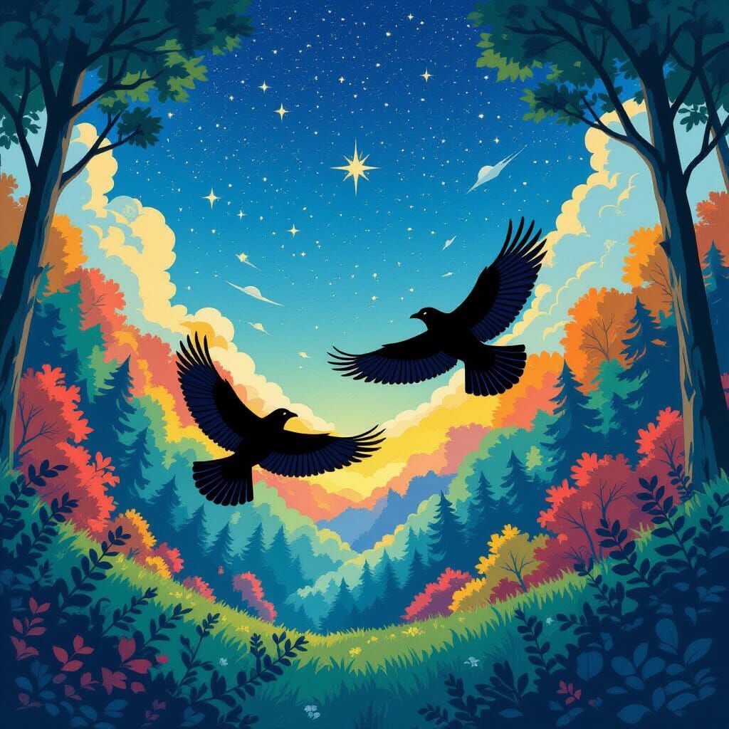 Norse Ravens Soar Through Mystical Ghibli Forest