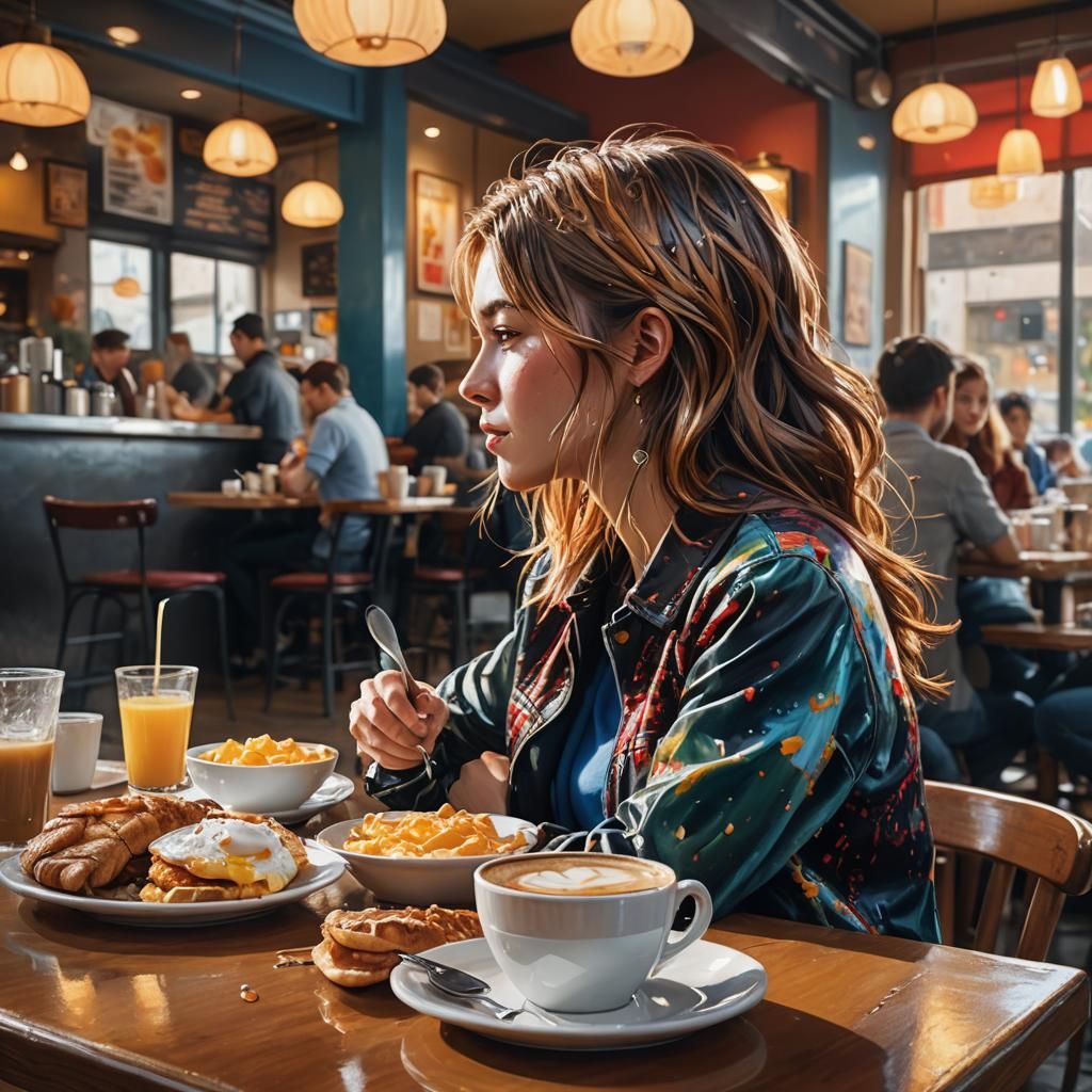 Cafe Breakfast in Hyperrealistic Splash Art Style