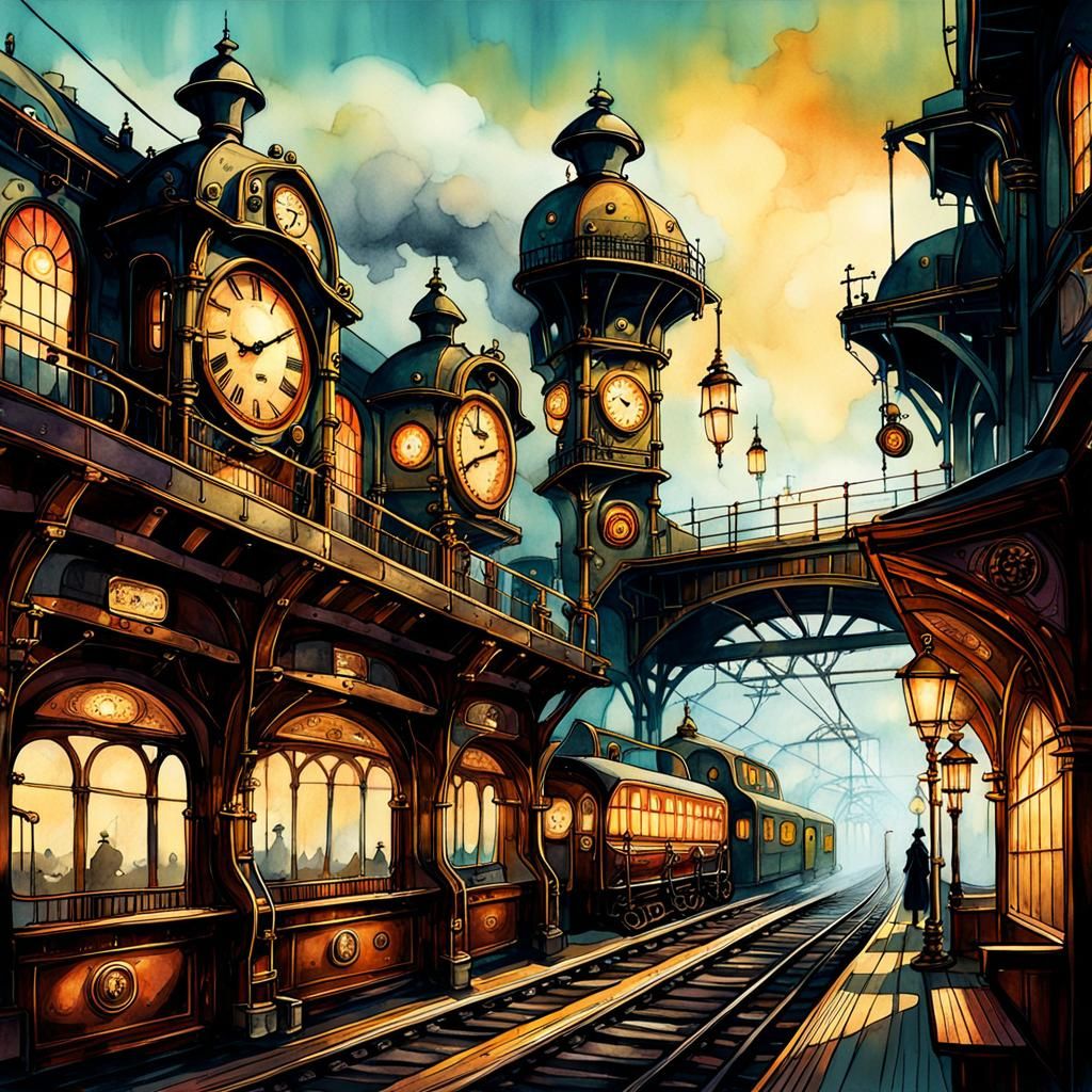 Steampunk Railway Station in Ink and Watercolor