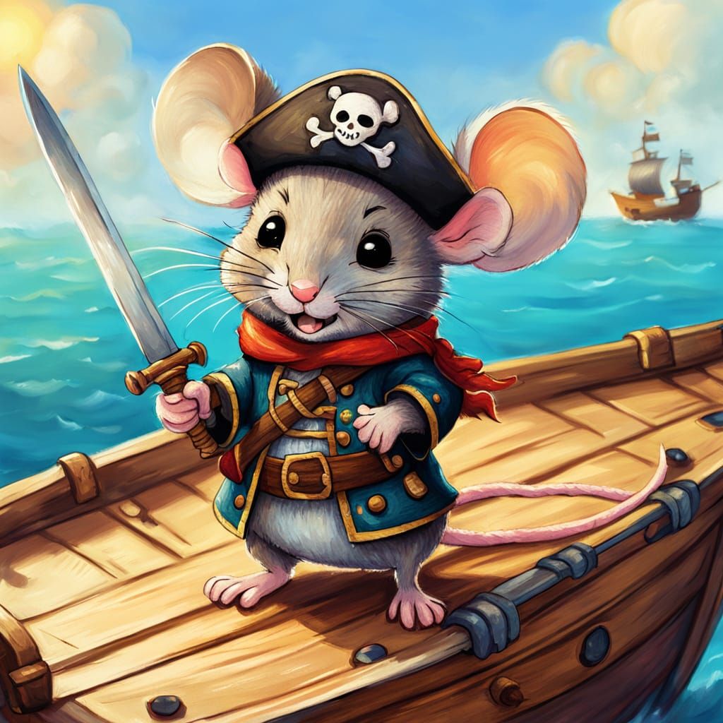 Cute Chibi Pirate Mouse on Cardboard Ship