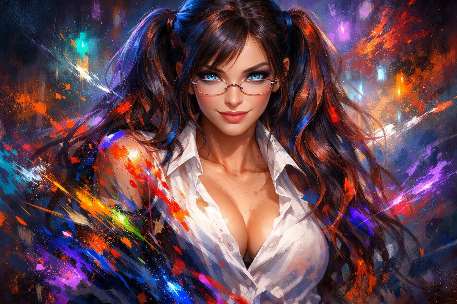 Vibrant Digital Painting of Beautiful Ava with Colorful Hair