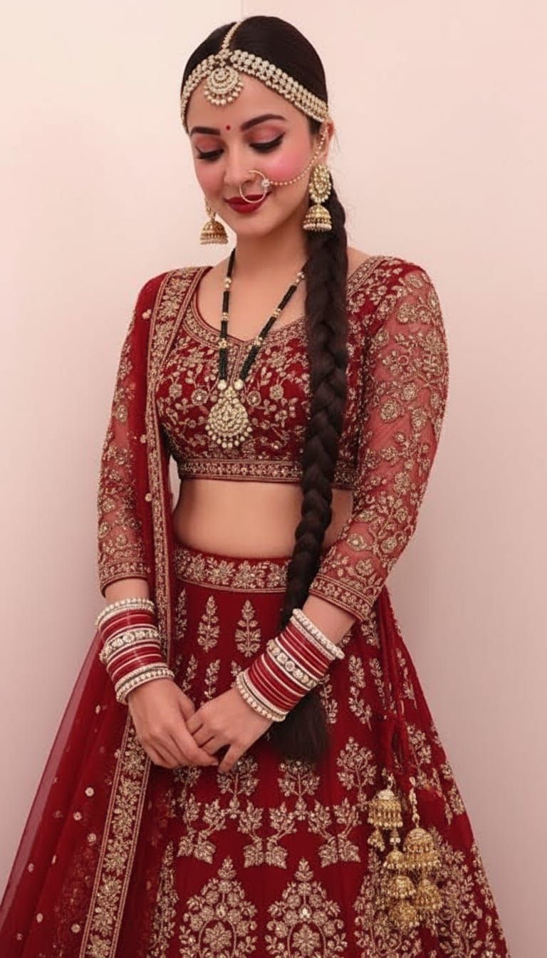Indian Bride in Maroon Lehenga with Traditional Bridal Makeu...