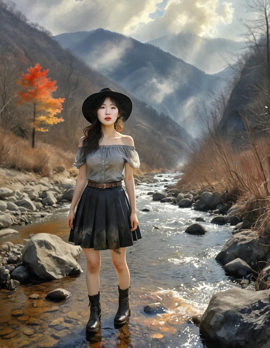 Korean Woman in Misty Landscape, Watercolor Style