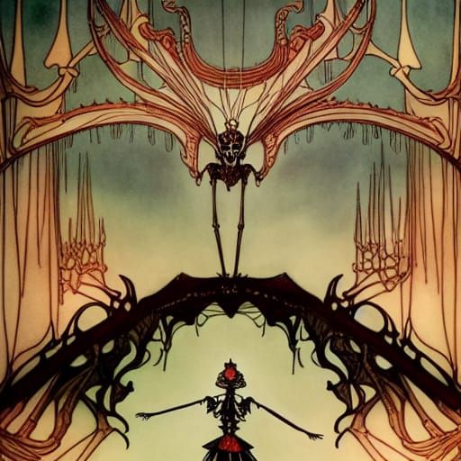 Elegant Skeleton Queen Illustration in Arthur Rackham Style