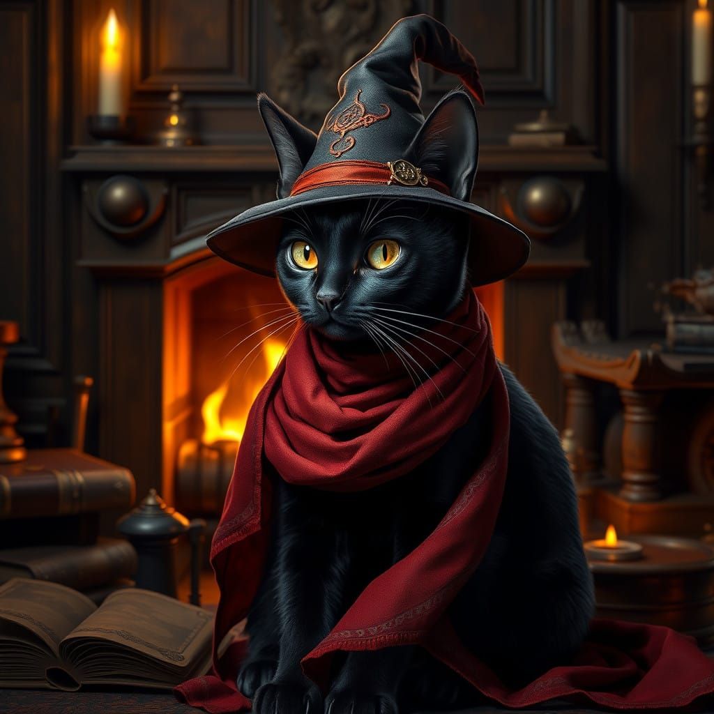 Regal Black Cat in Wizard's Attire in Front of Golden Firepl...