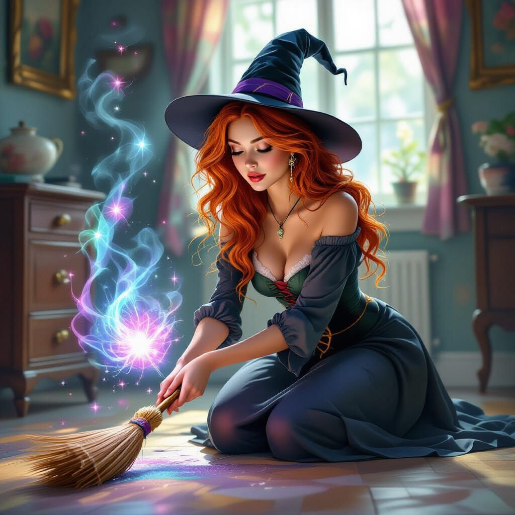 Redhead Witch Charms Broom to Clean Floor
