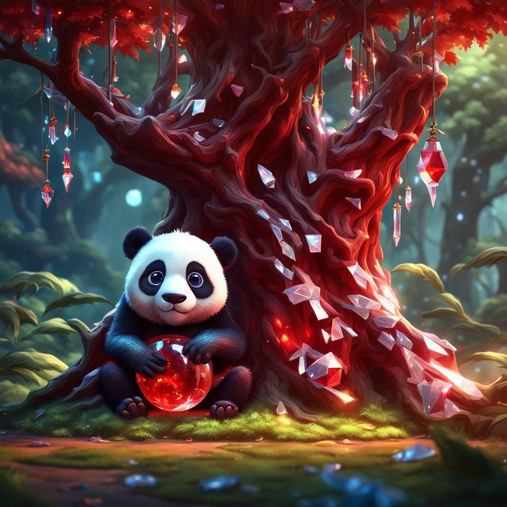 Crystal Panda Under a Tree in Detailed Matte Painting