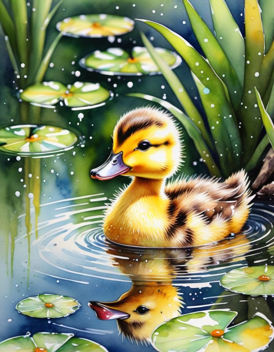 Duckling Swimming: Vivid Watercolour Painting