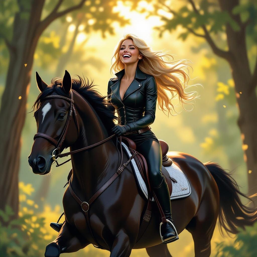 Joyful Woman Rides Horse in Sunlit Forest Comic Style