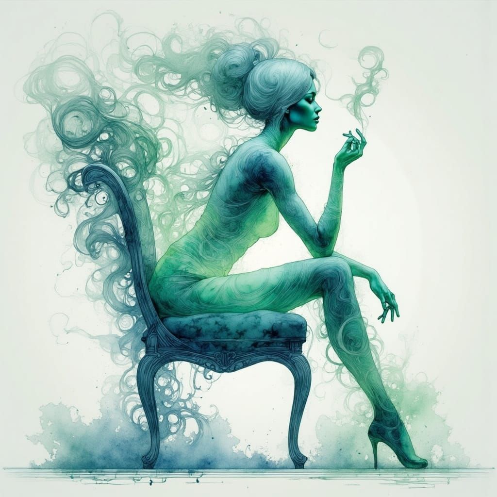 Ethereal Woman in Soft Green Smoke