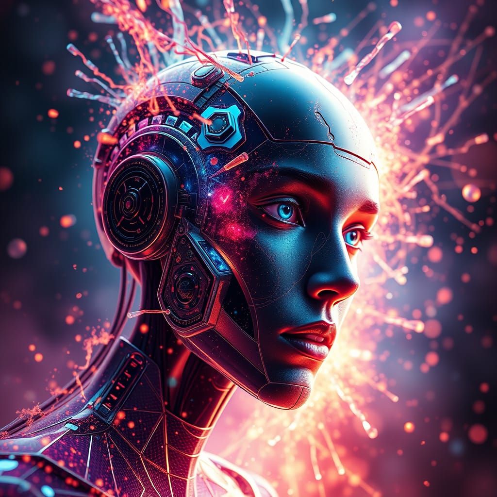 Detailed Holographic AI Portrait in Splash Art Style