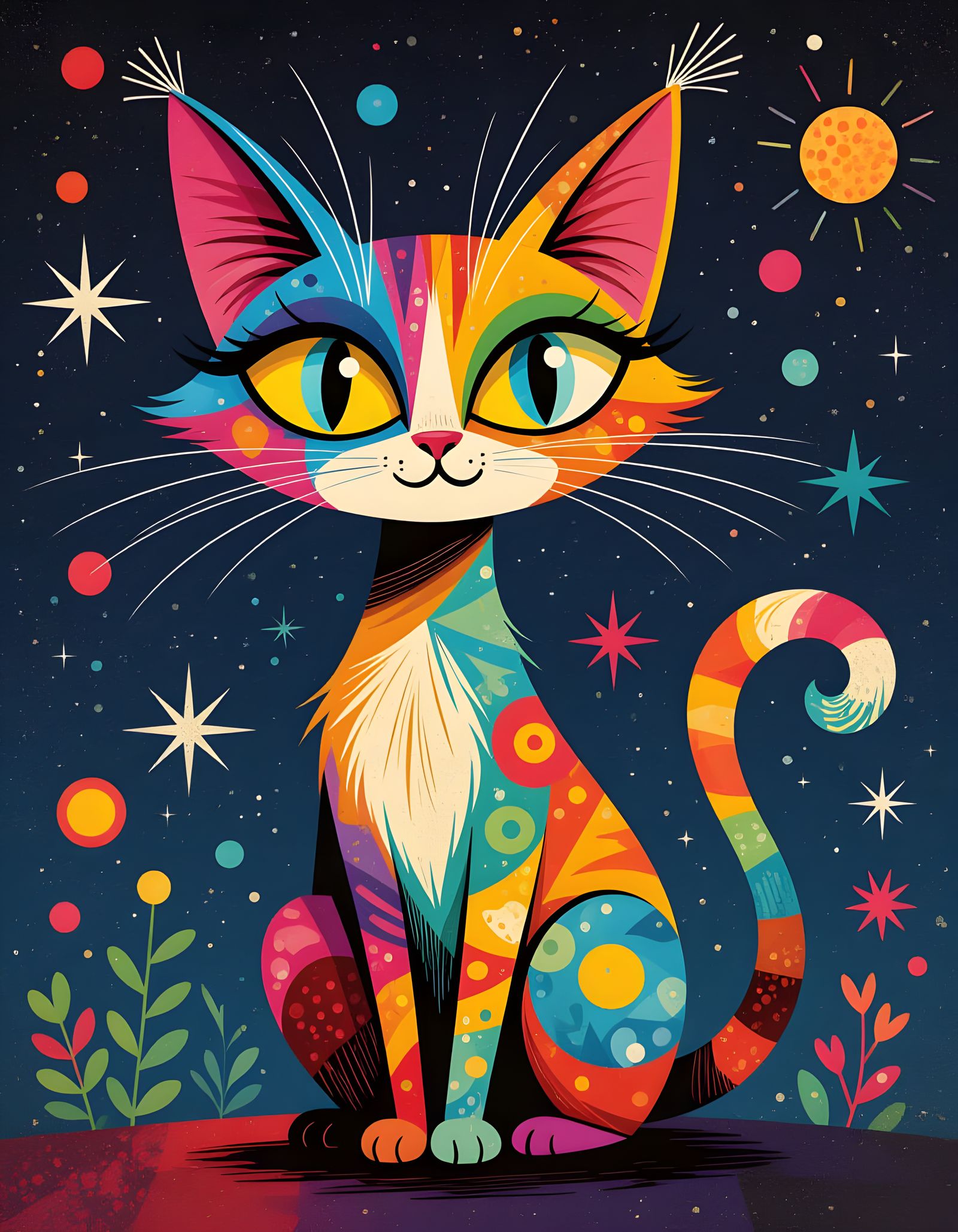 Colourful Folk Art Cat in Atomic Style