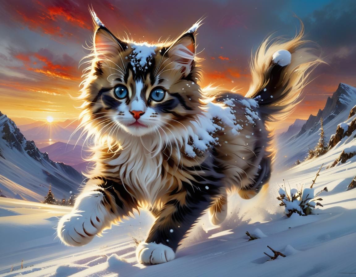 Kitten Running in Snow: Detailed Matte Painting
