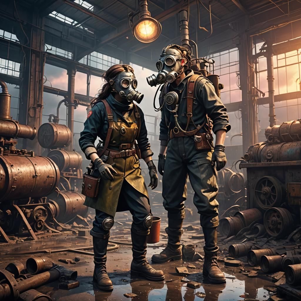 Grimdark 1940s Dieselpunk Factory at Sunset