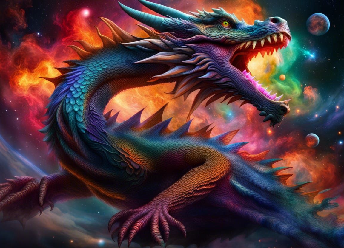 Colossal Dragons Fly Around Exploding Nebula