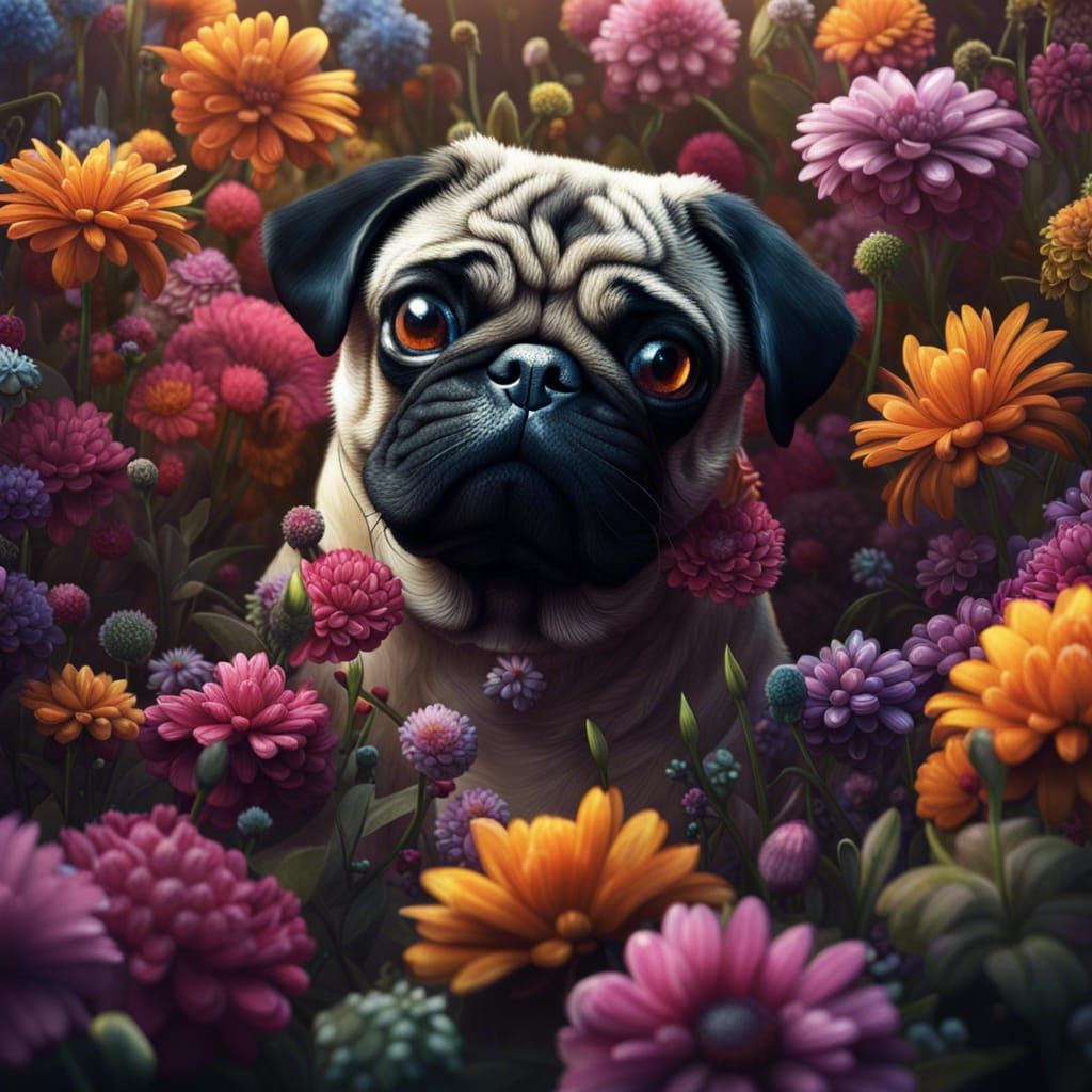 Hyperrealistic Pug in a Flower Garden