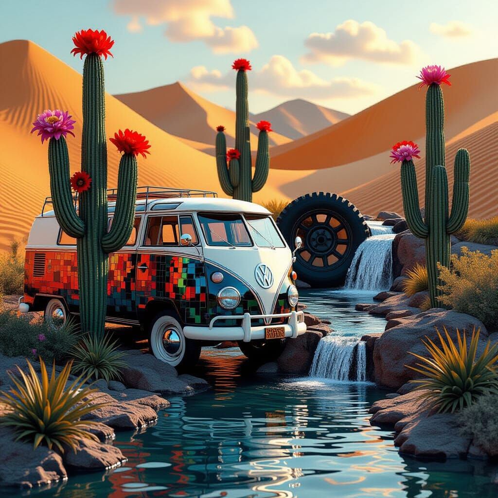 Surreal Landscape of Plastic and Color with Flowering Cacti