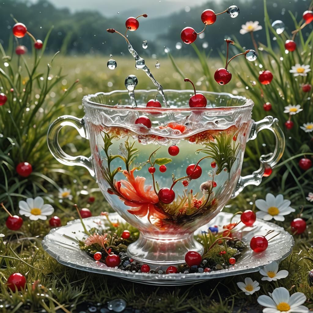 Cherry Drops into Teacup Coral Reef: Surreal Macro