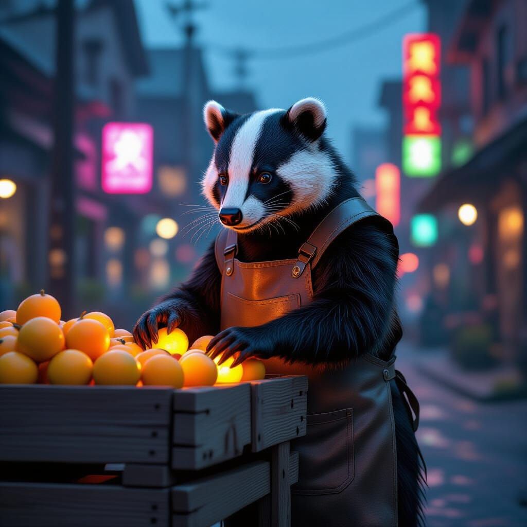 Cyberpunk Badger Arranges Fruit in Impasto Style