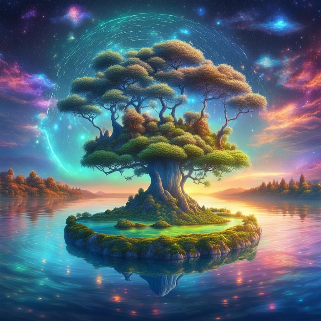Island in Lake: Holographic Astral Cosmic Illustration