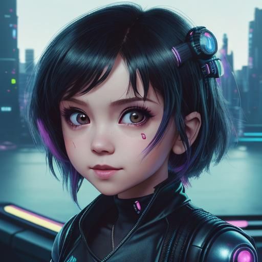Cyberpunk Chibi Character with Neon Cityscape