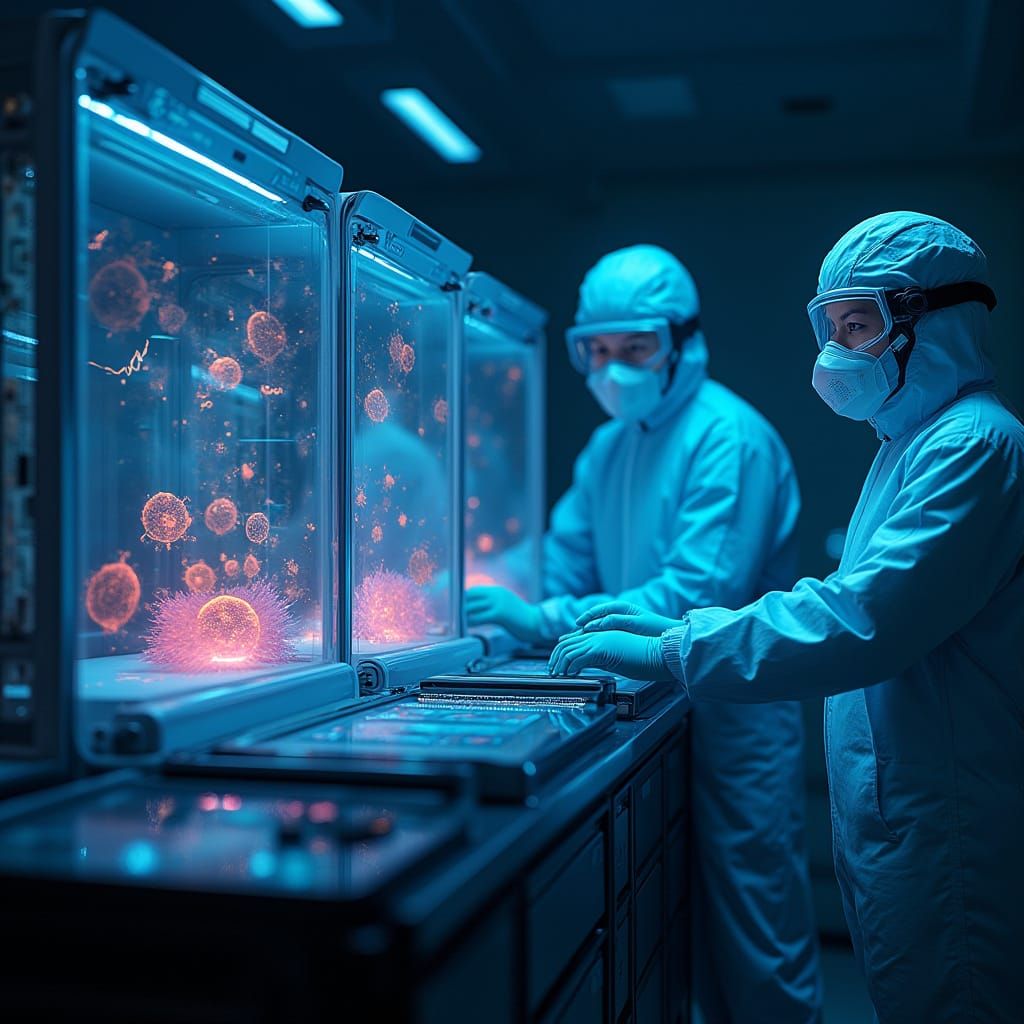 Cyberpunk Lab: Glowing Organoids and Virus Projections