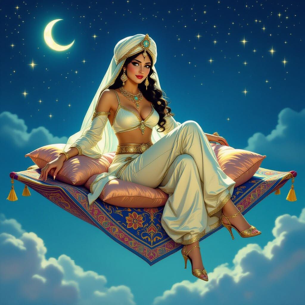 Genie Woman Rides Magic Carpet Through Night Sky