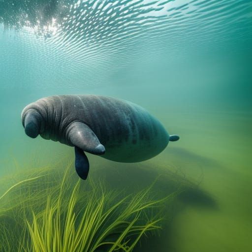 Manatee in Underwater Kelp Forest with Sunlight