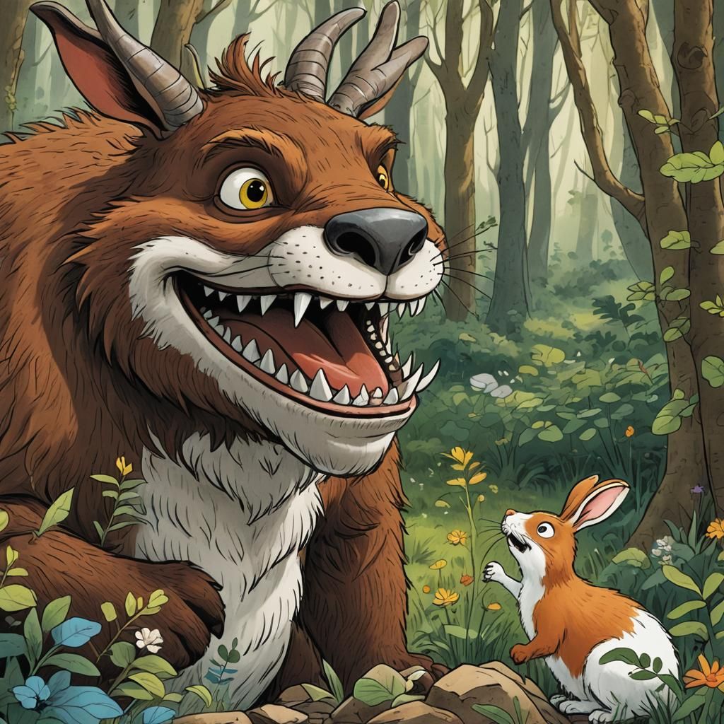 Gruffalo About to Swallow a Rabbit Illustration